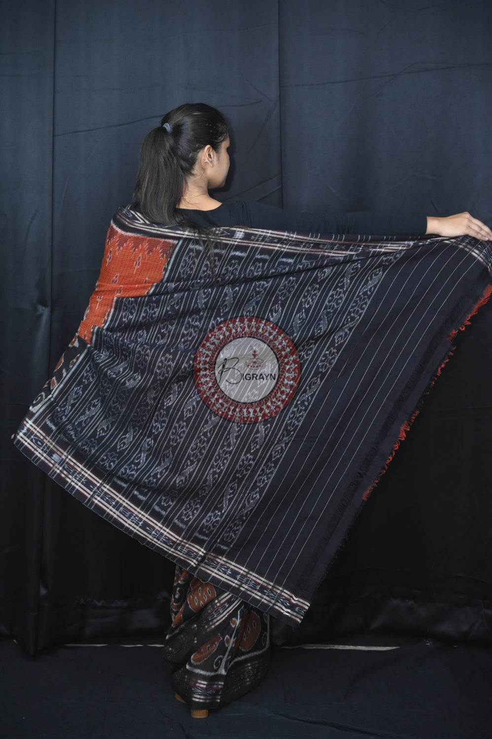 Brown Black Peacock Scot Khandua Cotton Saree