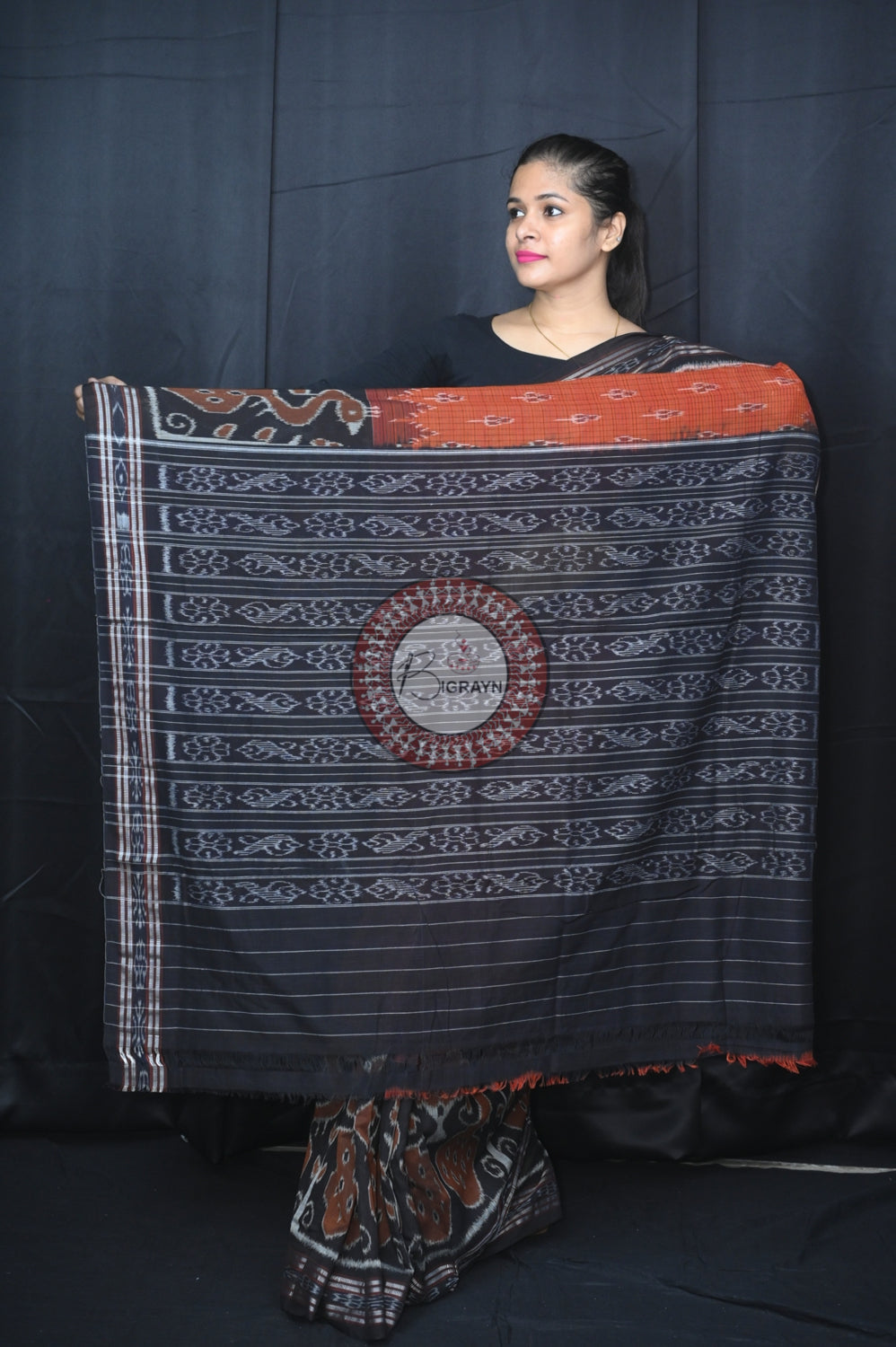 Brown Black Peacock Scot Khandua Cotton Saree