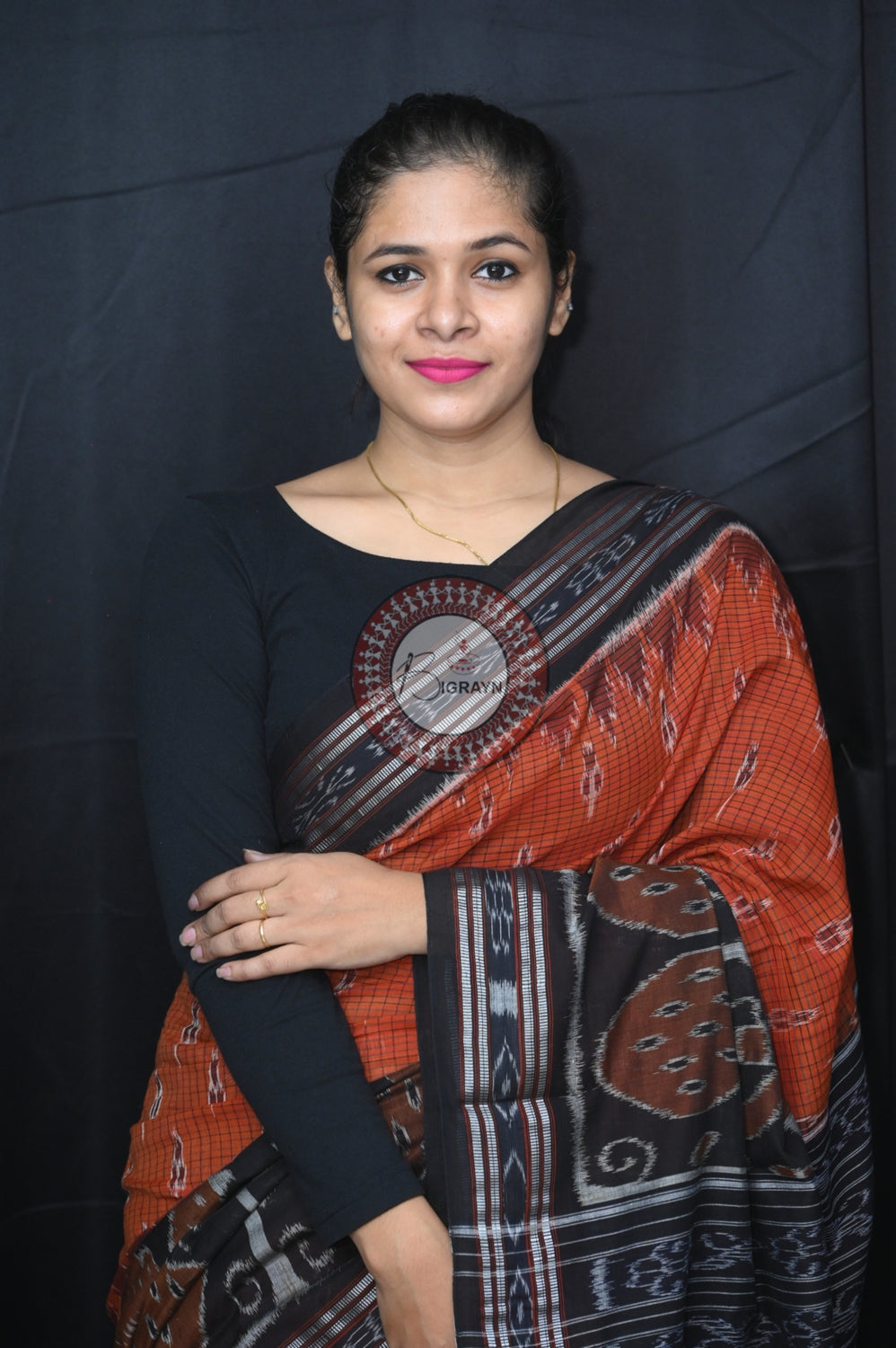 Brown Black Peacock Scot Khandua Cotton Saree