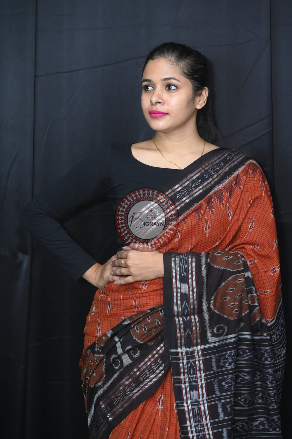Brown Black Peacock Scot Khandua Cotton Saree