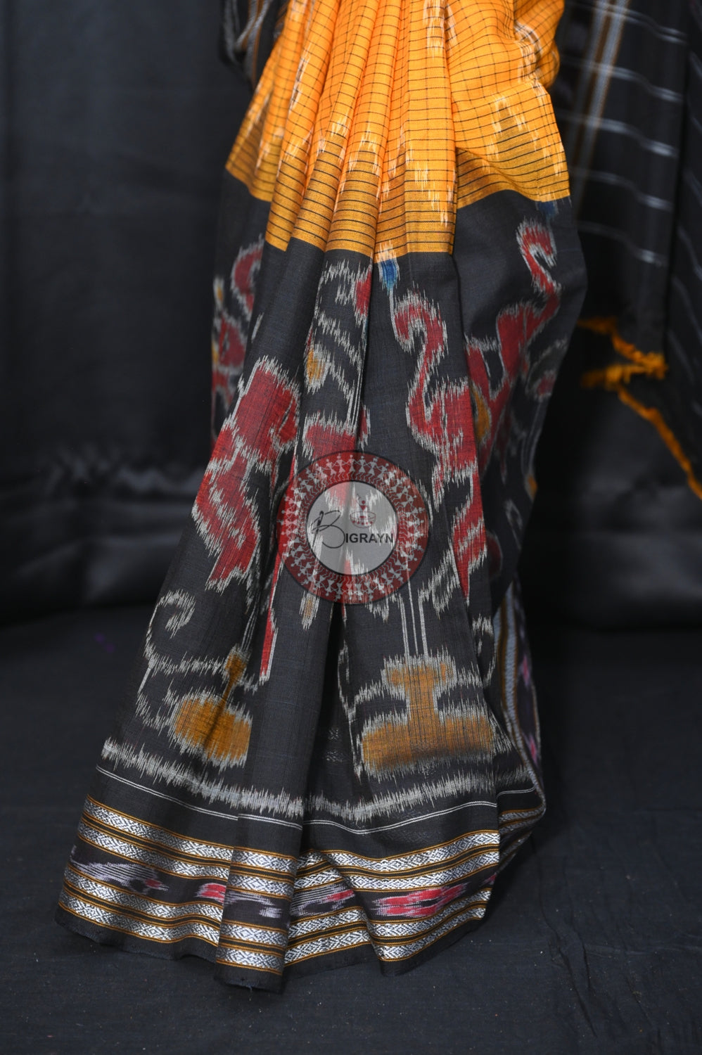 Yellow Black Elephant Scot Khandua Cotton Saree