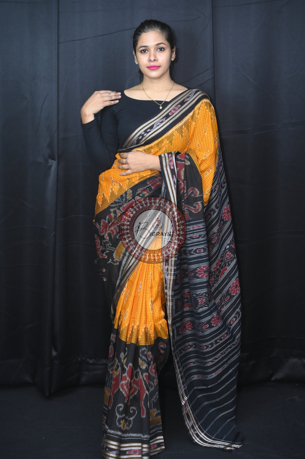 Yellow Black Elephant Scot Khandua Cotton Saree