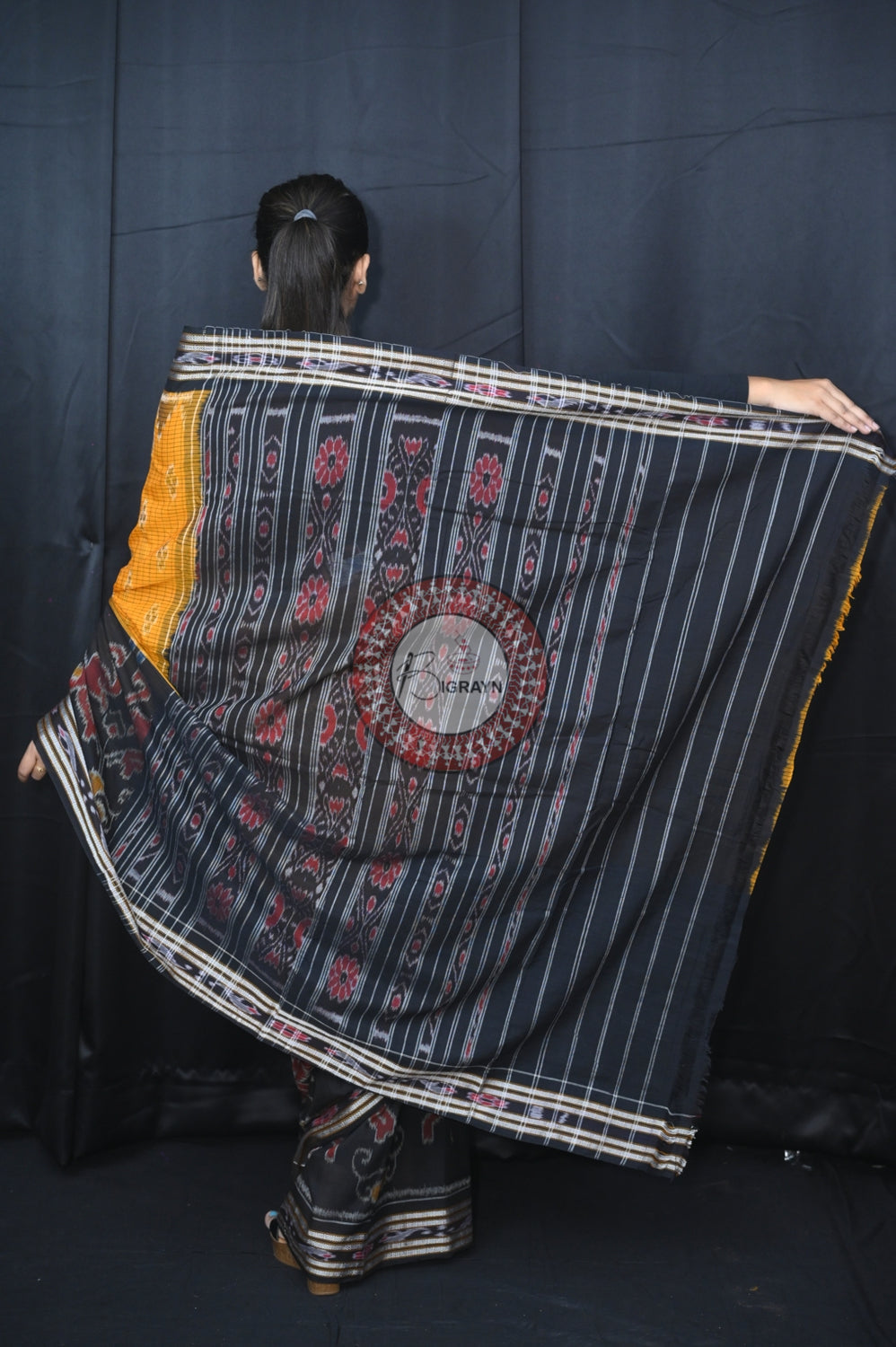 Yellow Black Elephant Scot Khandua Cotton Saree