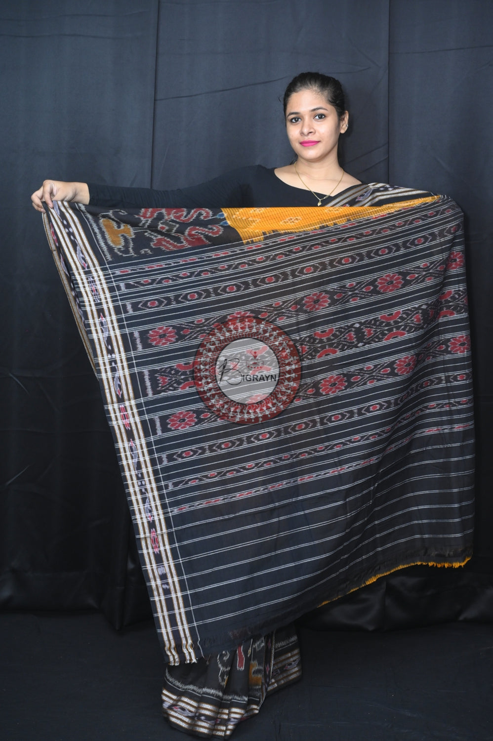 Yellow Black Elephant Scot Khandua Cotton Saree