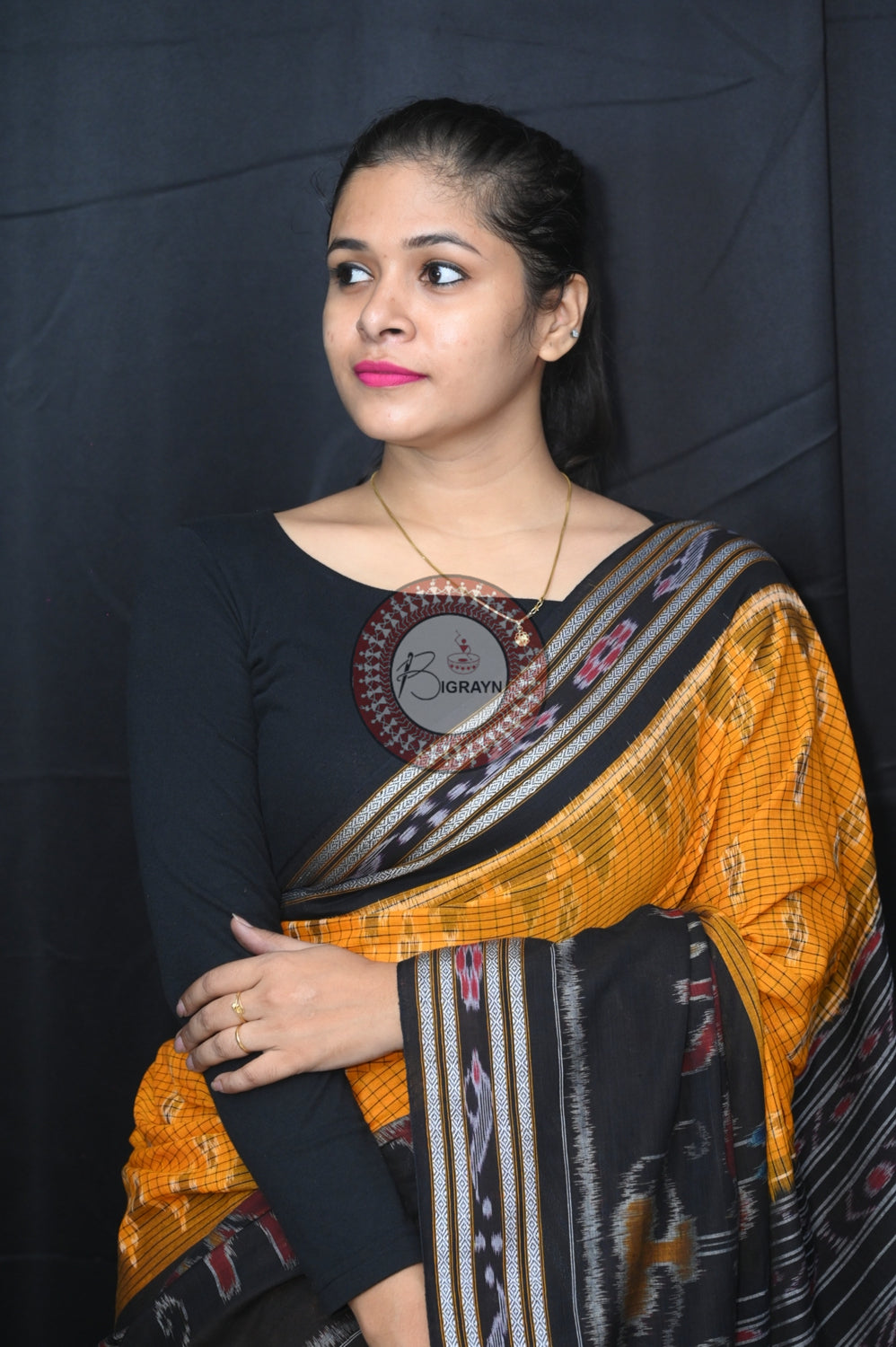 Yellow Black Elephant Scot Khandua Cotton Saree