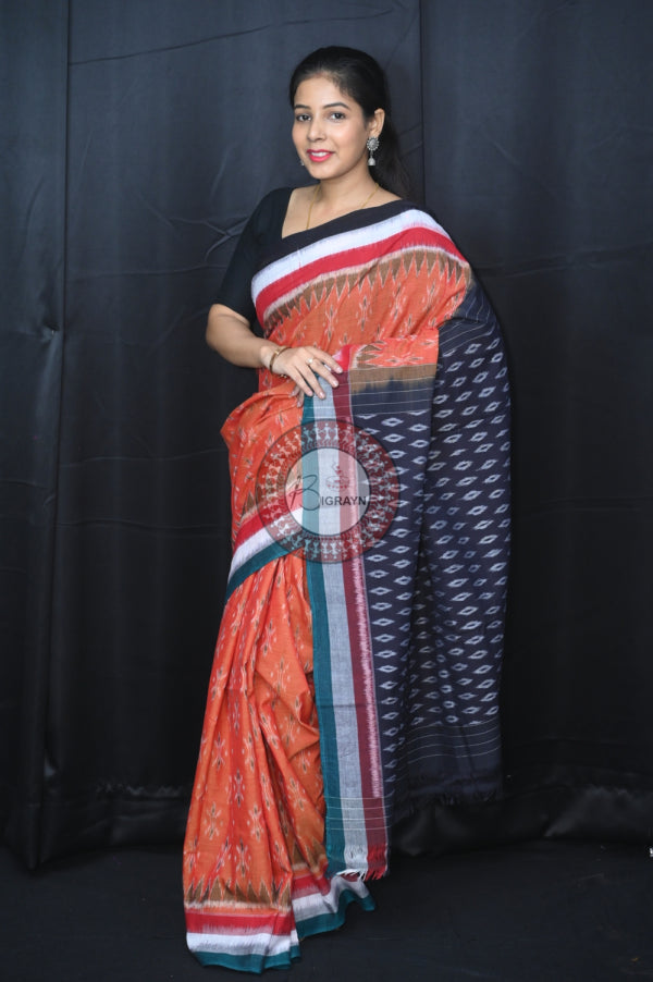 Rust Triple Border Body Bandha Khandua Cotton Saree