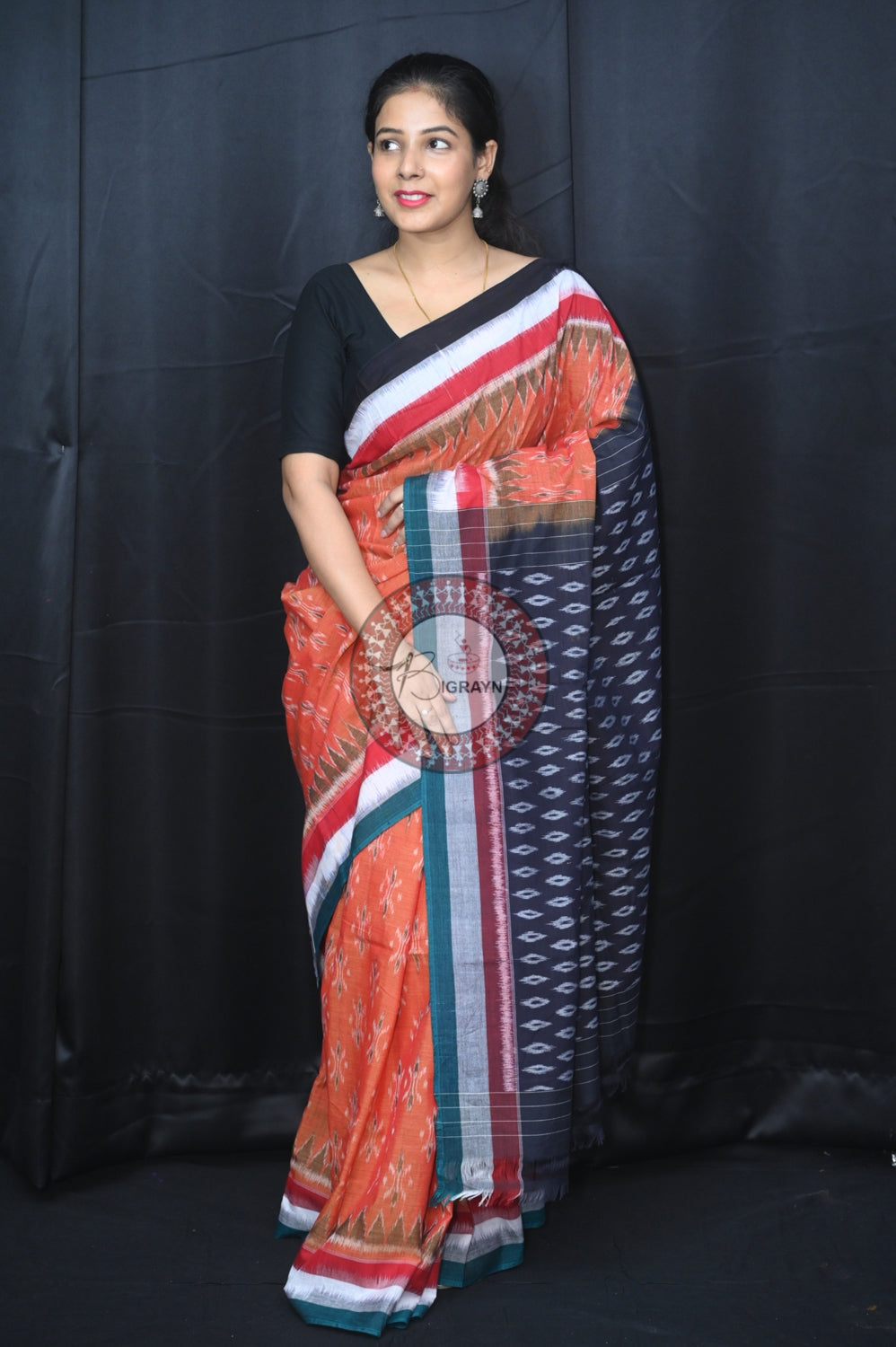 Rust Triple Border Body Bandha Khandua Cotton Saree
