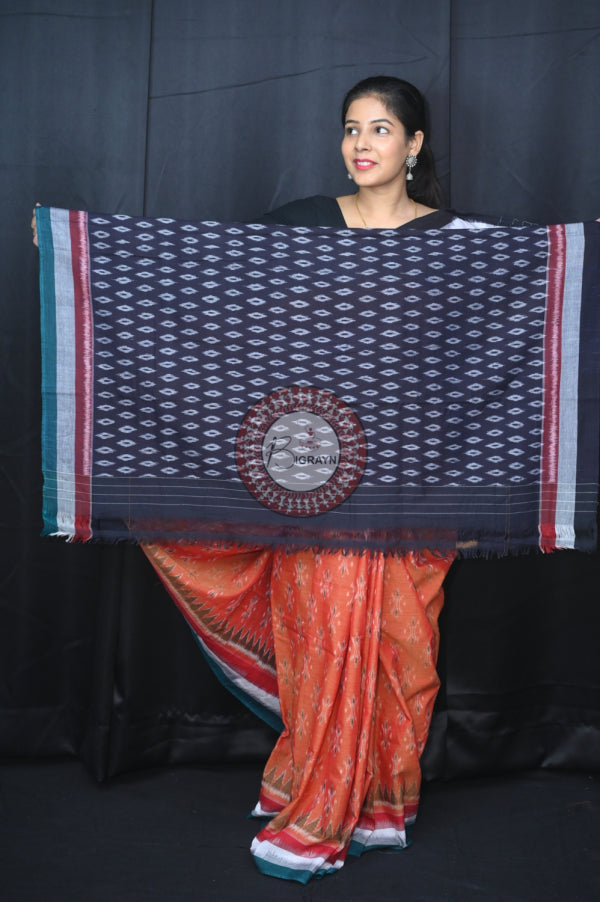 Rust Triple Border Body Bandha Khandua Cotton Saree
