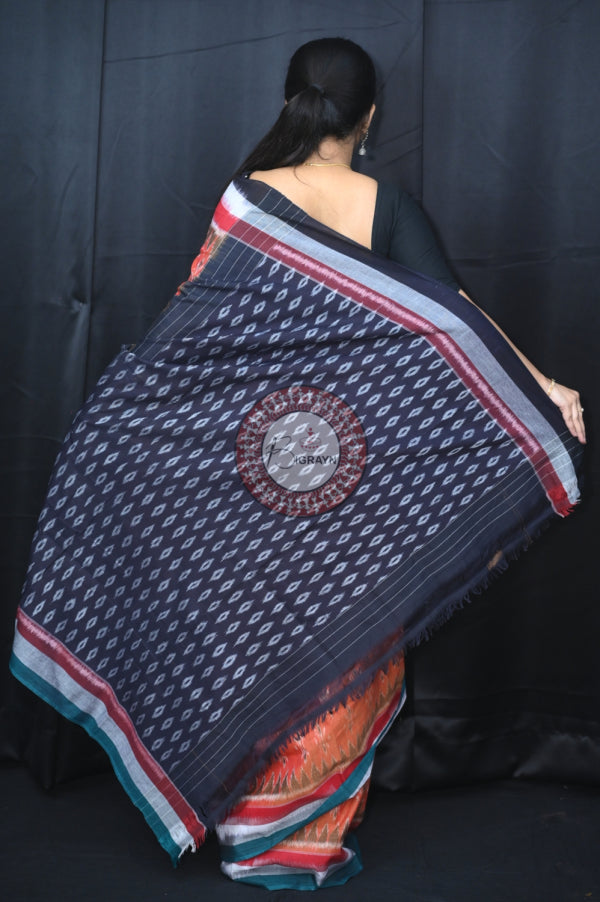 Rust Triple Border Body Bandha Khandua Cotton Saree