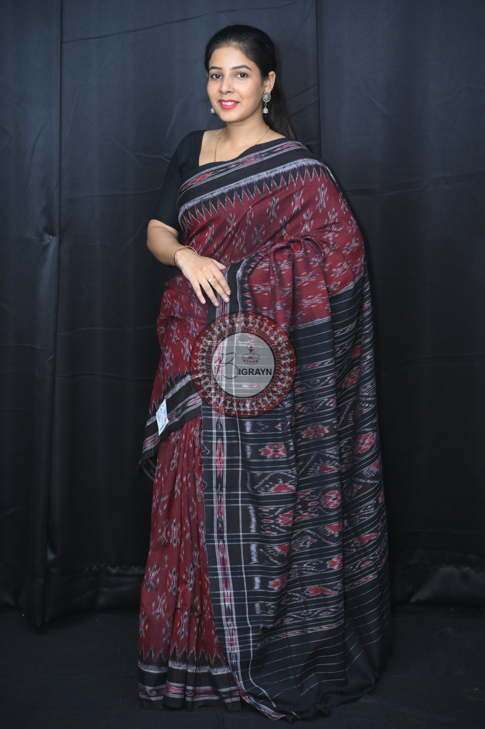 Maroon Black Body Bandha Khandua Cotton Saree
