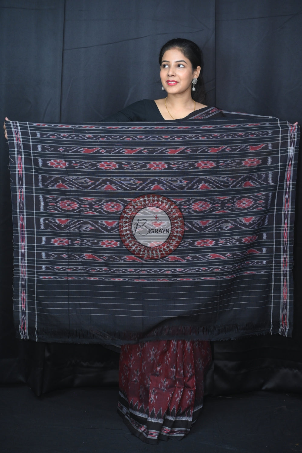 Maroon Black Body Bandha Khandua Cotton Saree