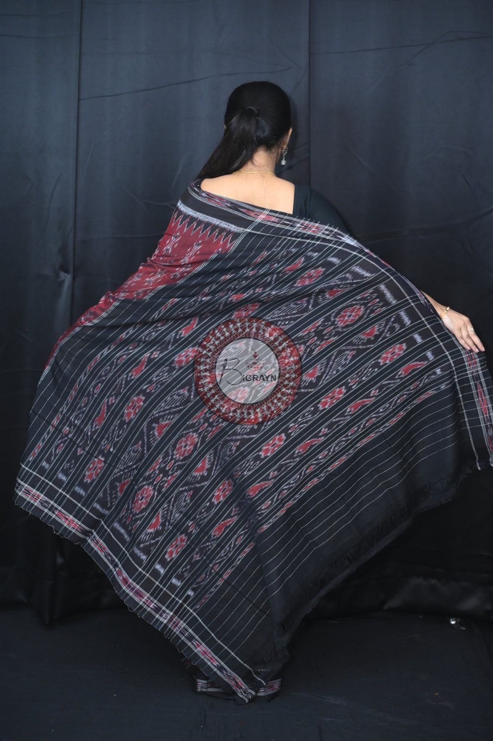 Maroon Black Body Bandha Khandua Cotton Saree