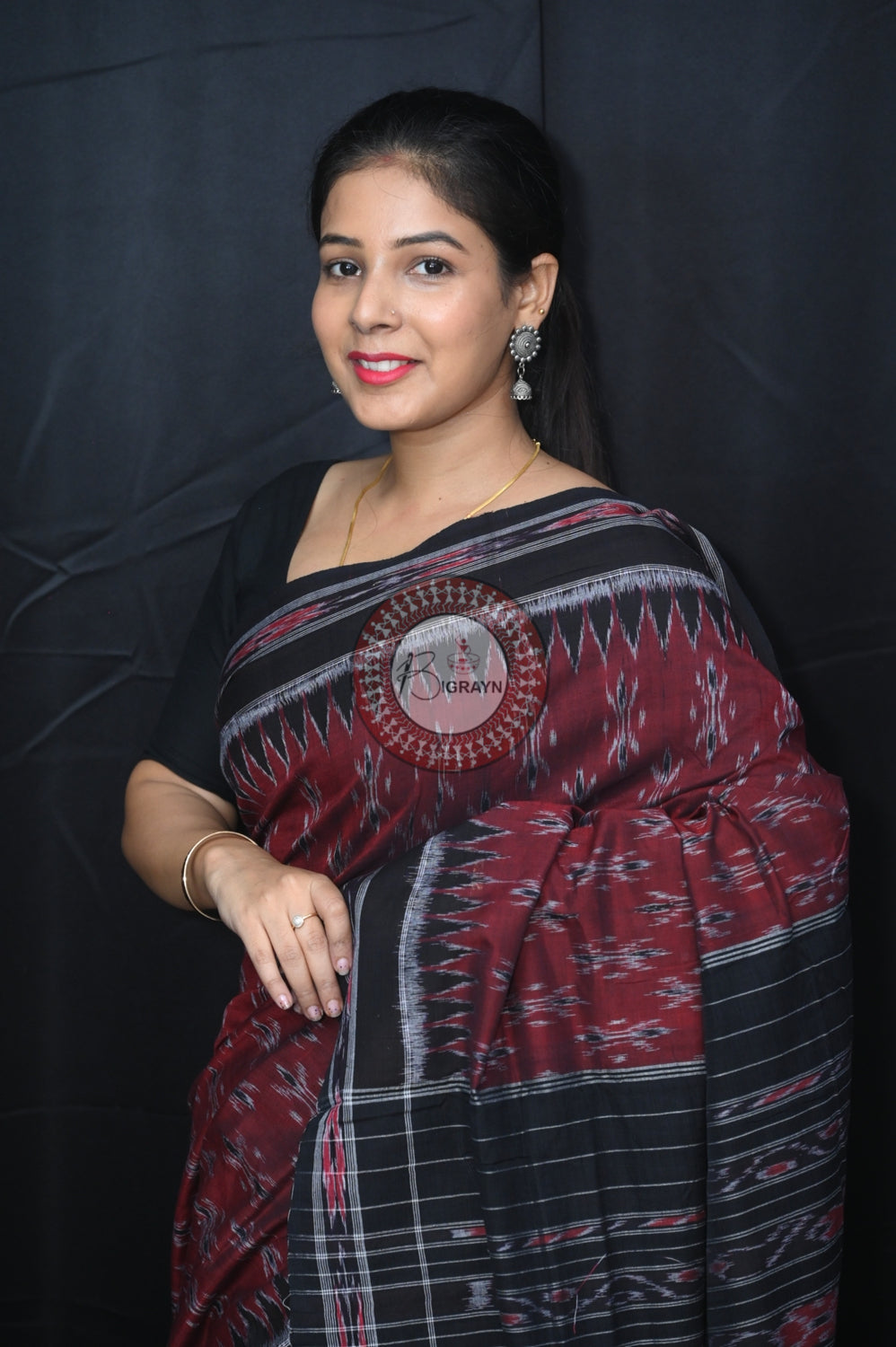 Maroon Black Body Bandha Khandua Cotton Saree
