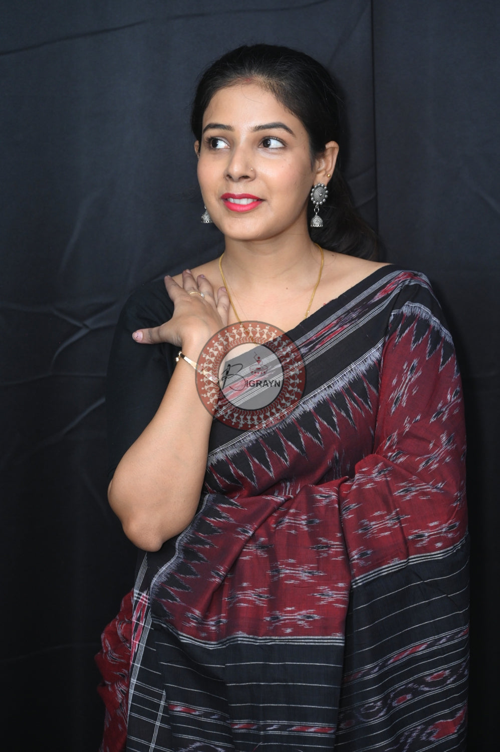 Maroon Black Body Bandha Khandua Cotton Saree