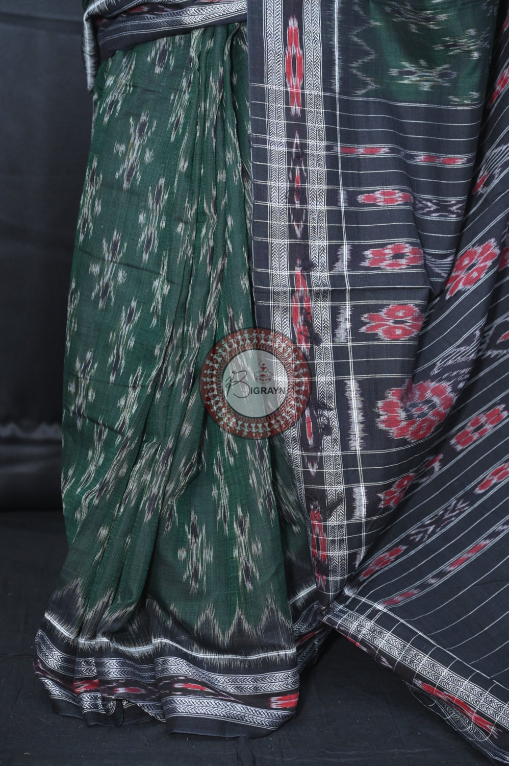 Leaf Green Black Body Bandha Khandua Cotton Saree
