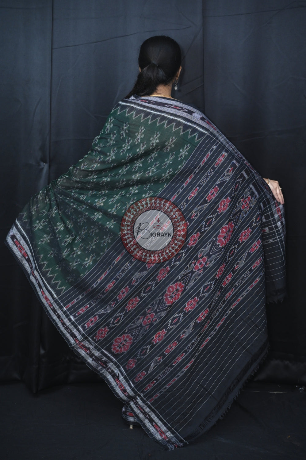 Leaf Green Black Body Bandha Khandua Cotton Saree