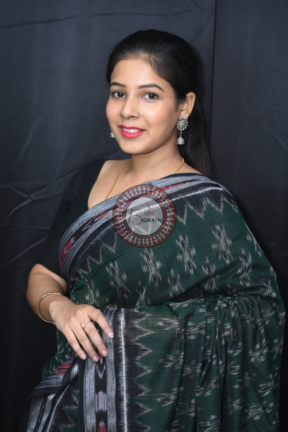 Leaf Green Black Body Bandha Khandua Cotton Saree