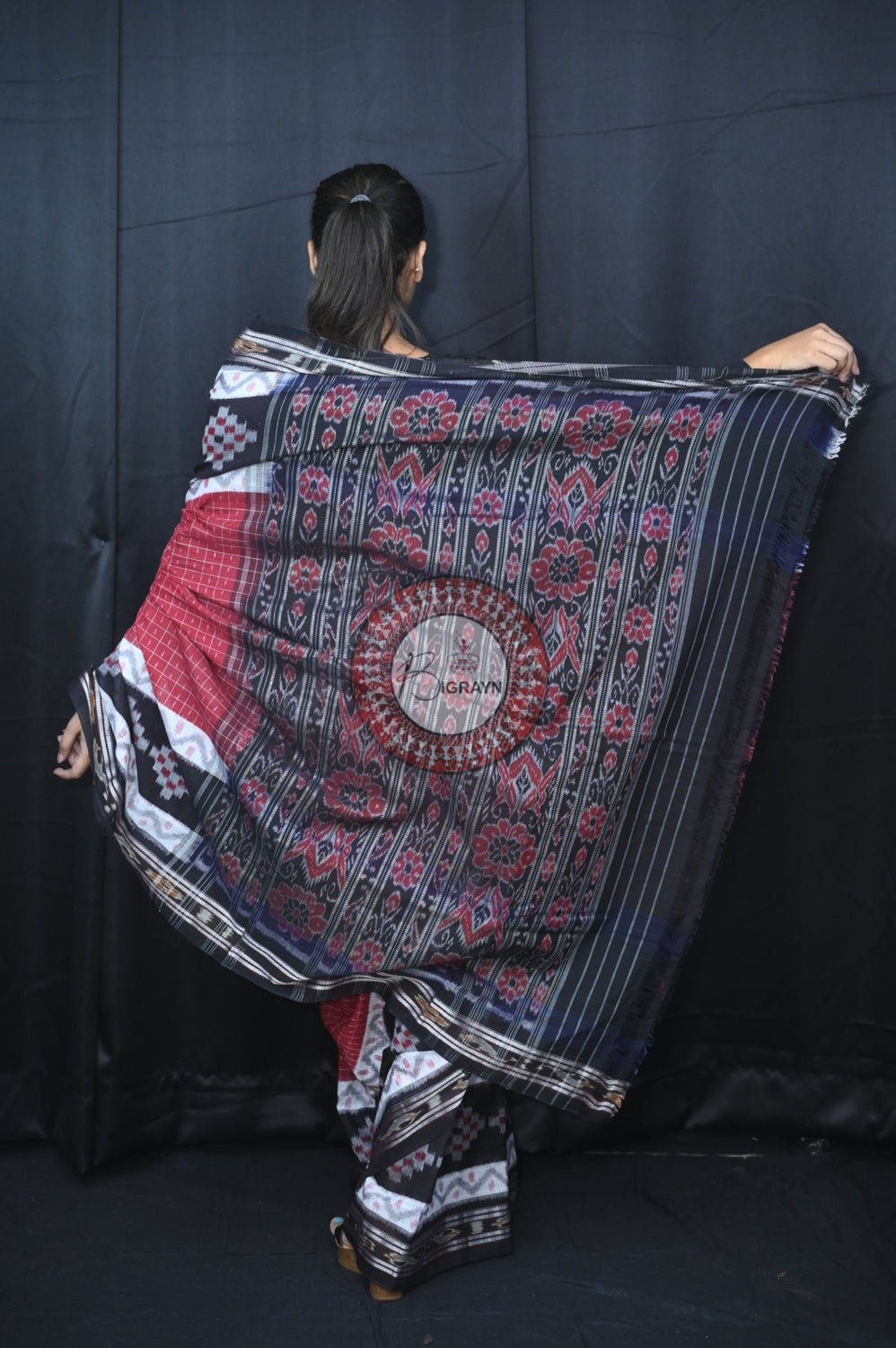 Maroon Black Maniraja Khandua Cotton Saree