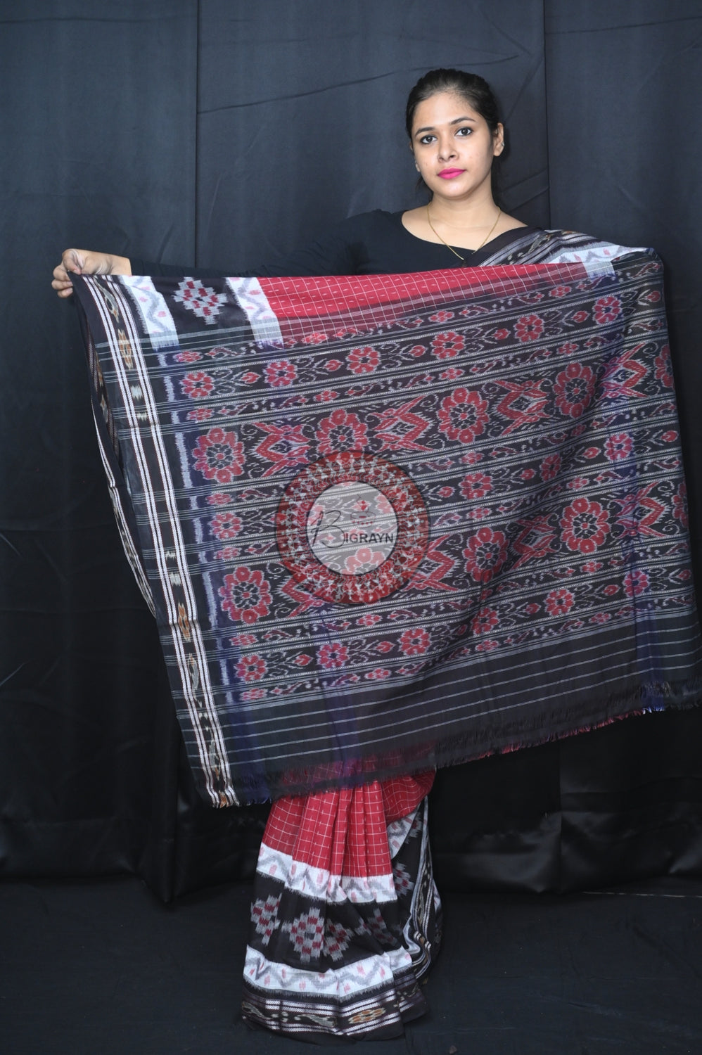 Maroon Black Maniraja Khandua Cotton Saree