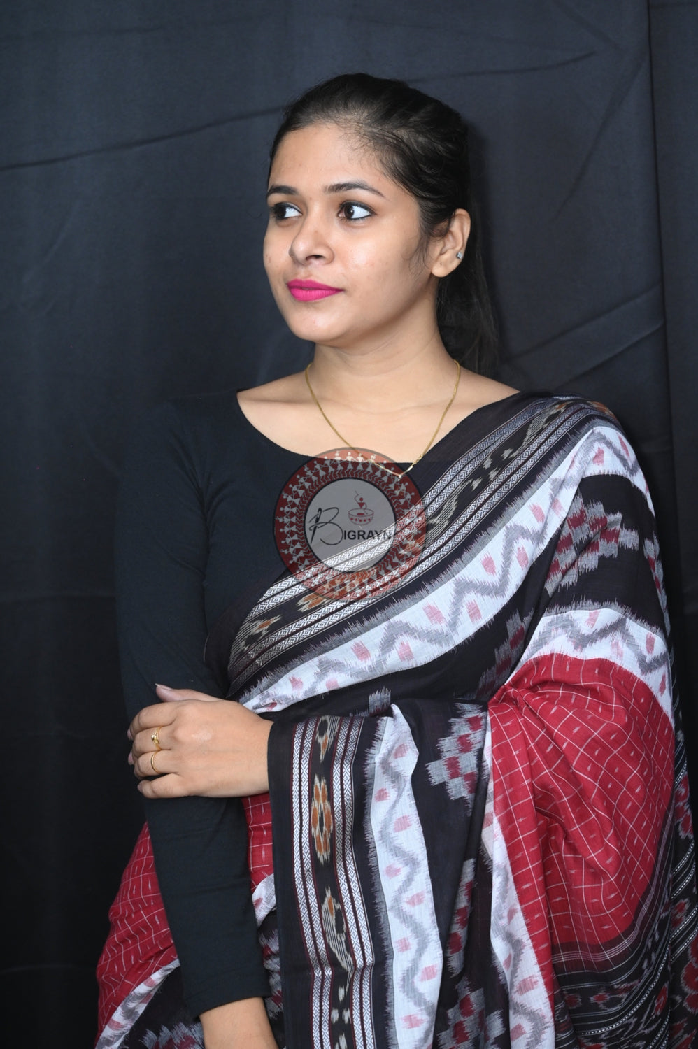 Maroon Black Maniraja Khandua Cotton Saree