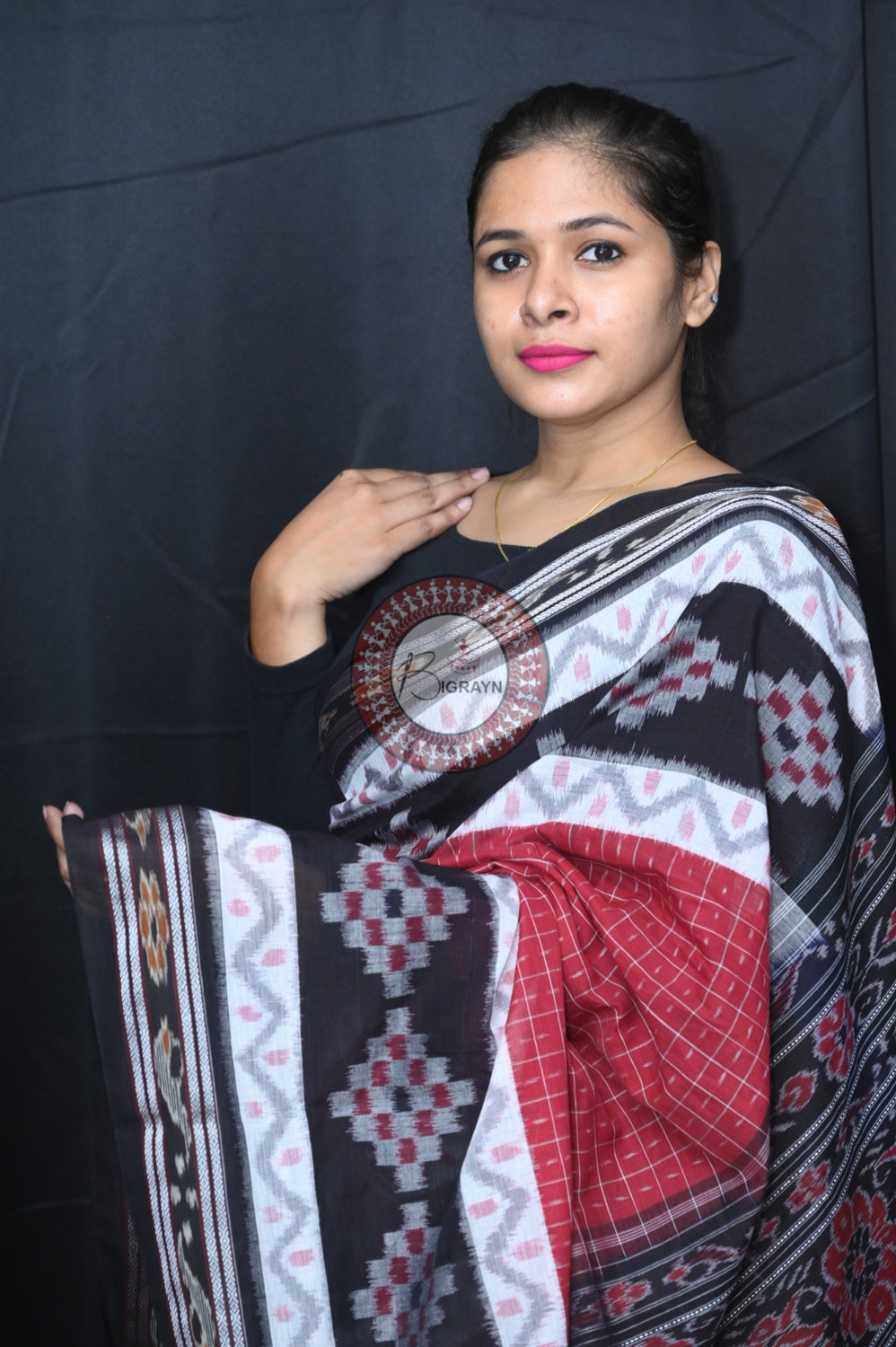 Maroon Black Maniraja Khandua Cotton Saree
