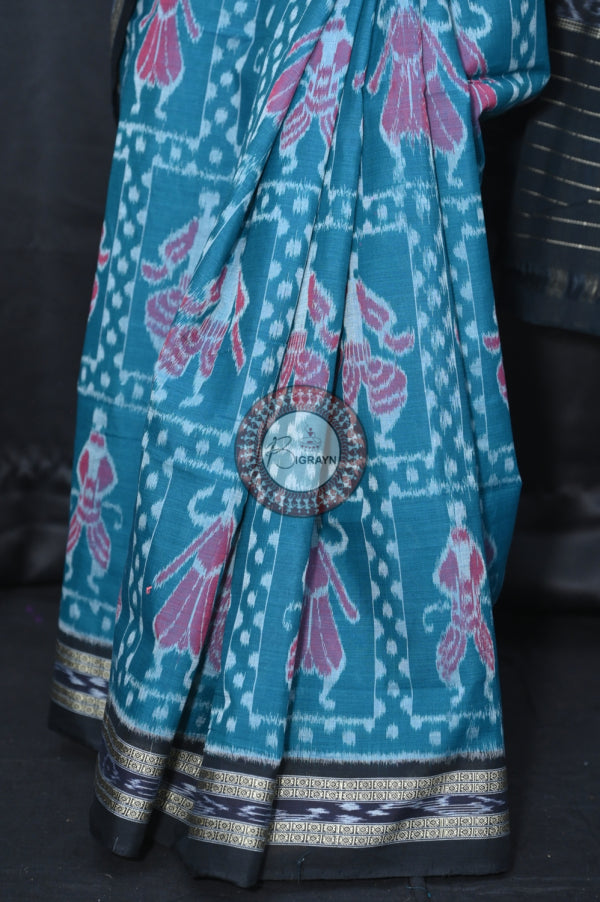 Teal Green Black Special Tribal Khandua Cotton Saree