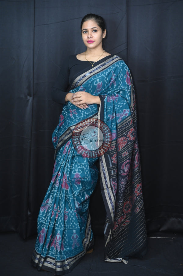 Teal Green Black Special Tribal Khandua Cotton Saree