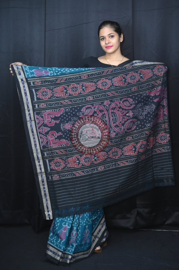 Teal Green Black Special Tribal Khandua Cotton Saree
