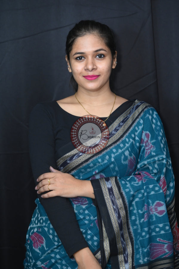 Teal Green Black Special Tribal Khandua Cotton Saree