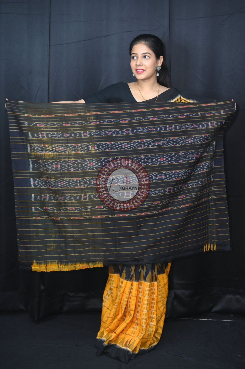 Yellow Black Scot Kargil Khandua Cotton Saree