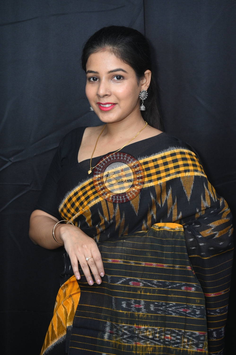 Yellow Black Scot Kargil Khandua Cotton Saree