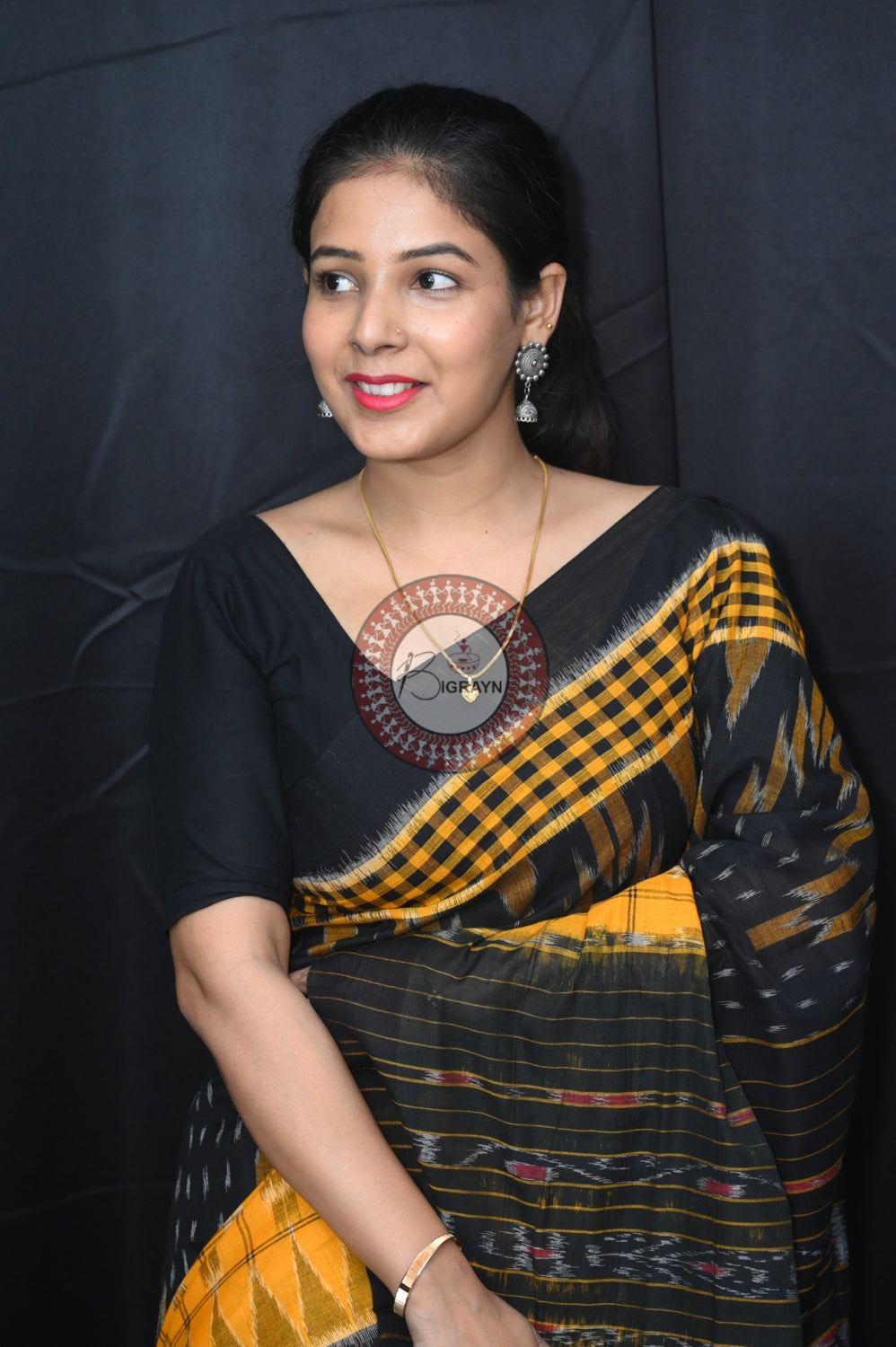Yellow Black Scot Kargil Khandua Cotton Saree
