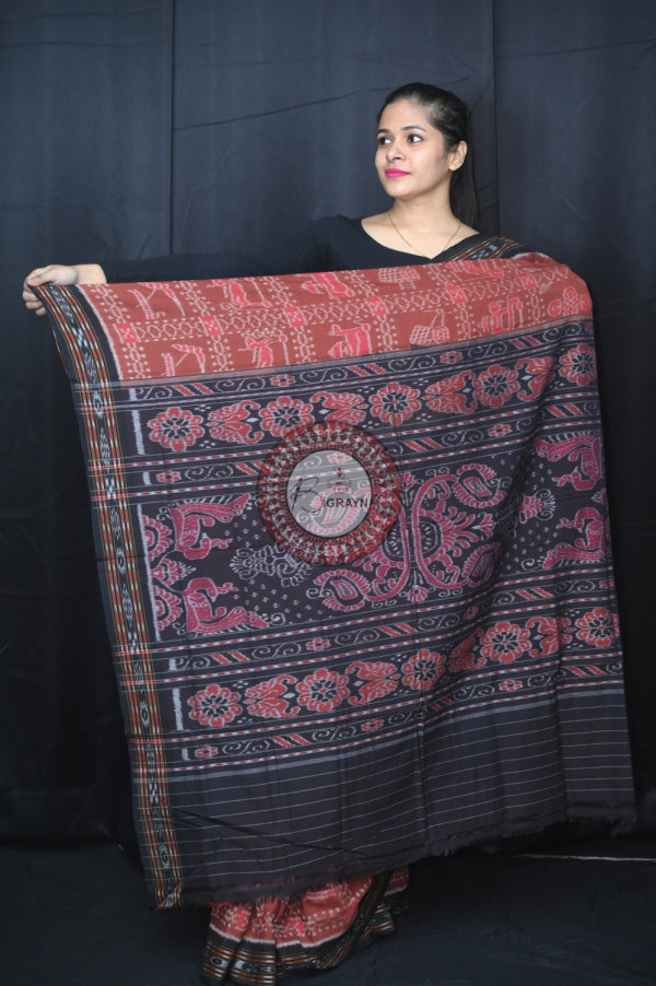 Chocolate Brown Black Special Tribal Khandua Cotton Saree