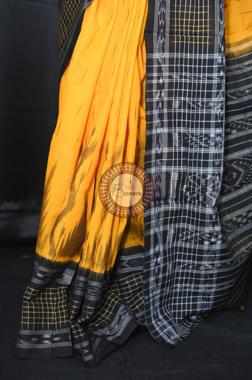 Yellow Black Daali Scott Khandua Cotton Saree