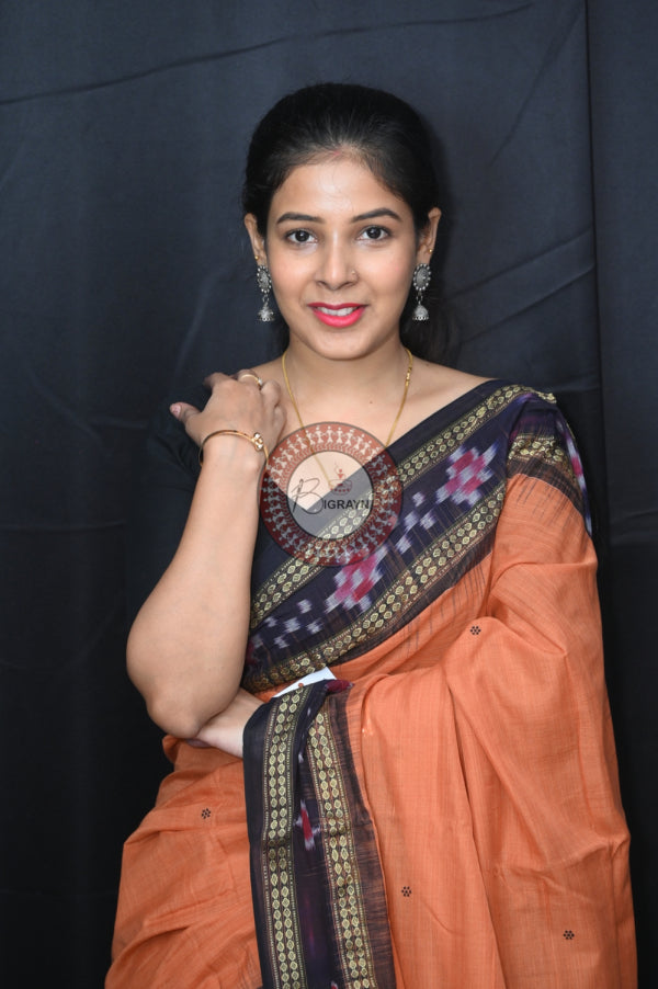 Brown Black Rekha Buti Khandua Cotton Saree