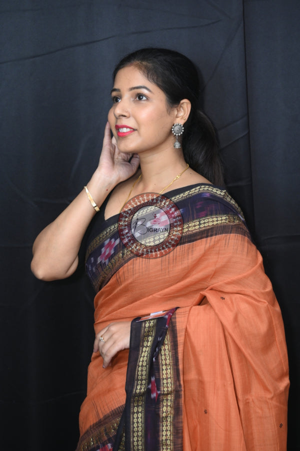 Brown Black Rekha Buti Khandua Cotton Saree