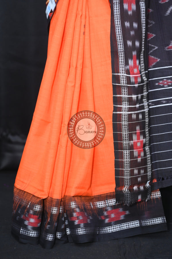 Orange Black Rekha Buti Khandua Cotton Saree