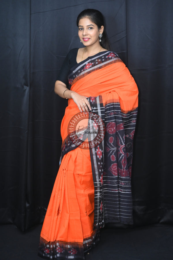 Orange Black Rekha Buti Khandua Cotton Saree