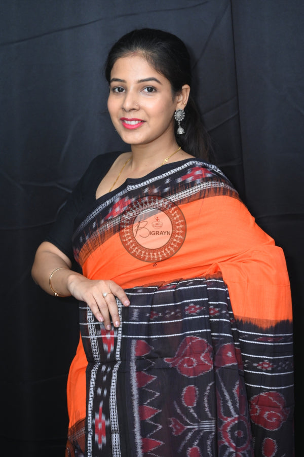 Orange Black Rekha Buti Khandua Cotton Saree