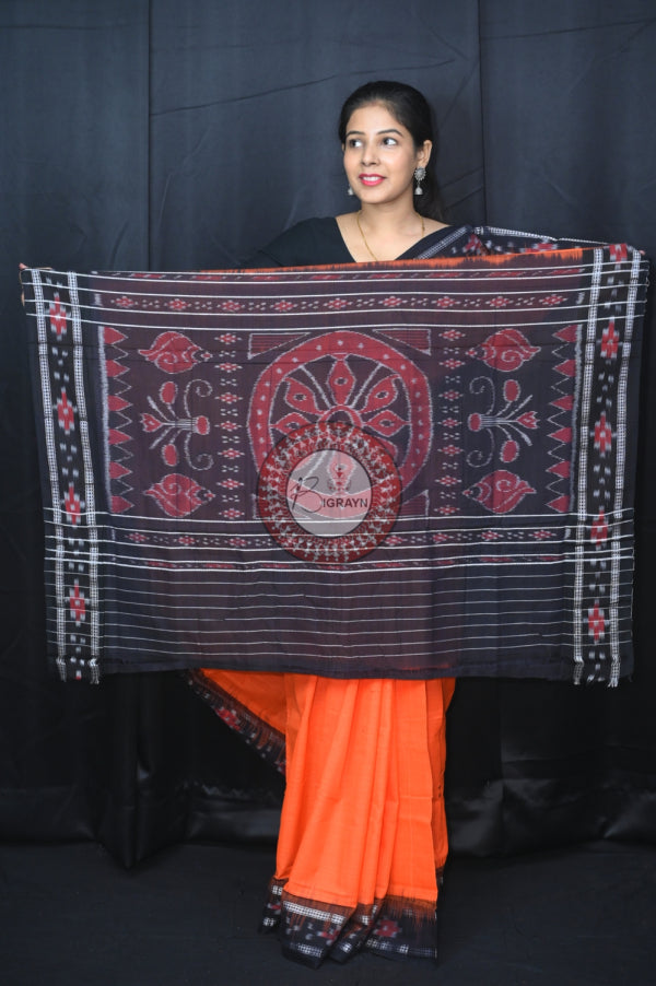 Orange Black Rekha Buti Khandua Cotton Saree