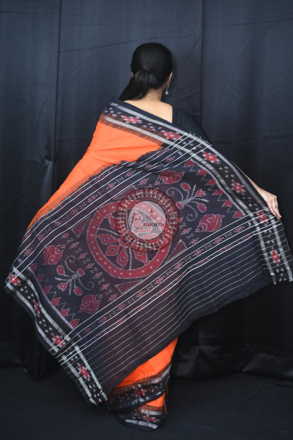 Orange Black Rekha Buti Khandua Cotton Saree