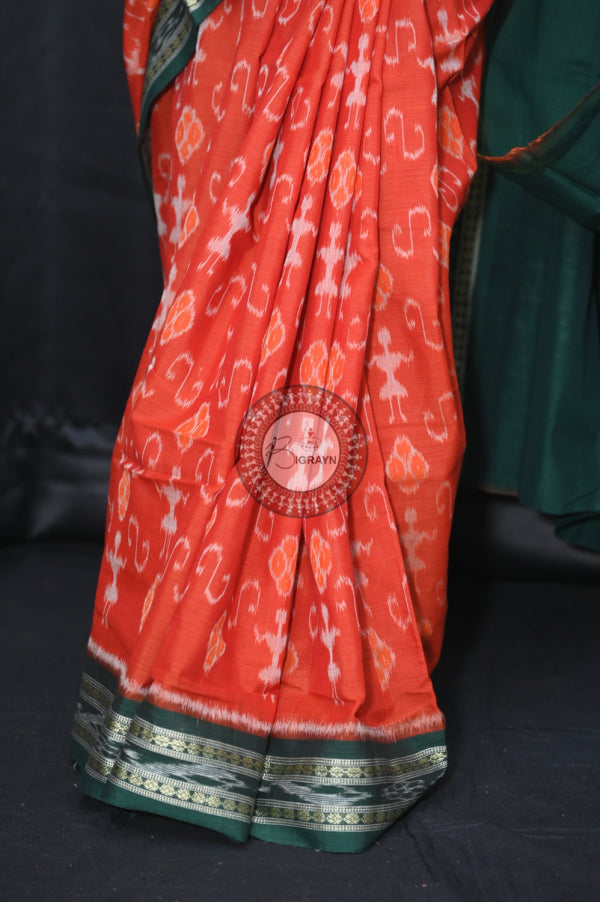 Brown Green Ek Chandia Khandua Cotton Saree