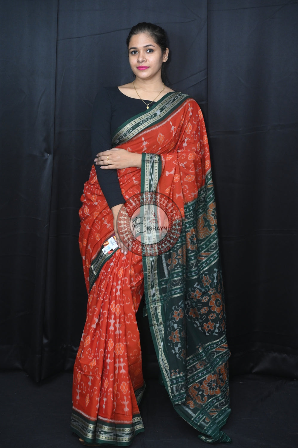Brown Green Ek Chandia Khandua Cotton Saree