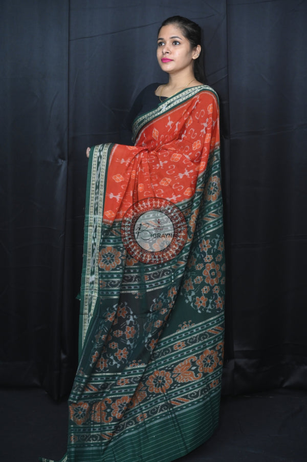 Brown Green Ek Chandia Khandua Cotton Saree