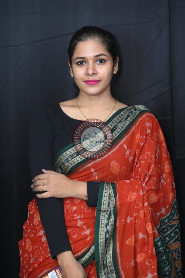 Brown Green Ek Chandia Khandua Cotton Saree