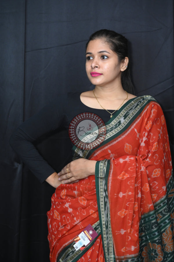 Brown Green Ek Chandia Khandua Cotton Saree