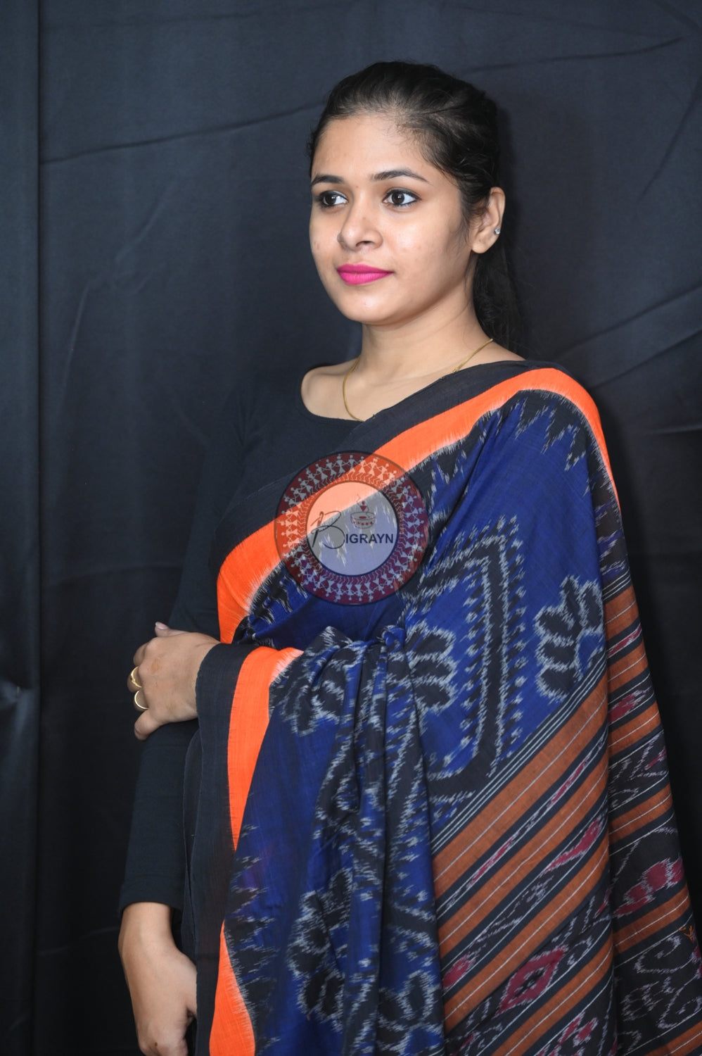 Navy Blue Bada Phula Khandua Cotton Saree