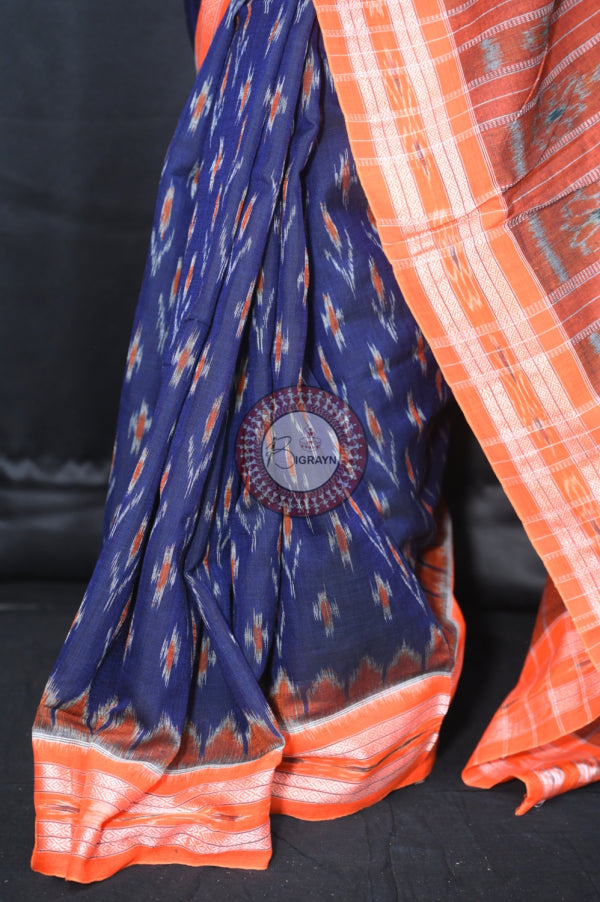 Blue Orange Mayur Chandrika Khandua Cotton Saree
