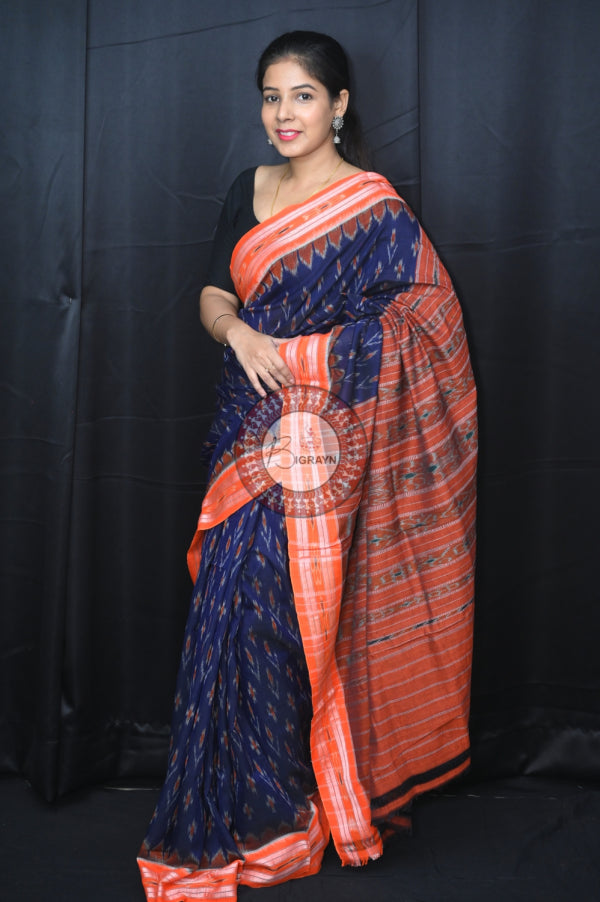 Blue Orange Mayur Chandrika Khandua Cotton Saree