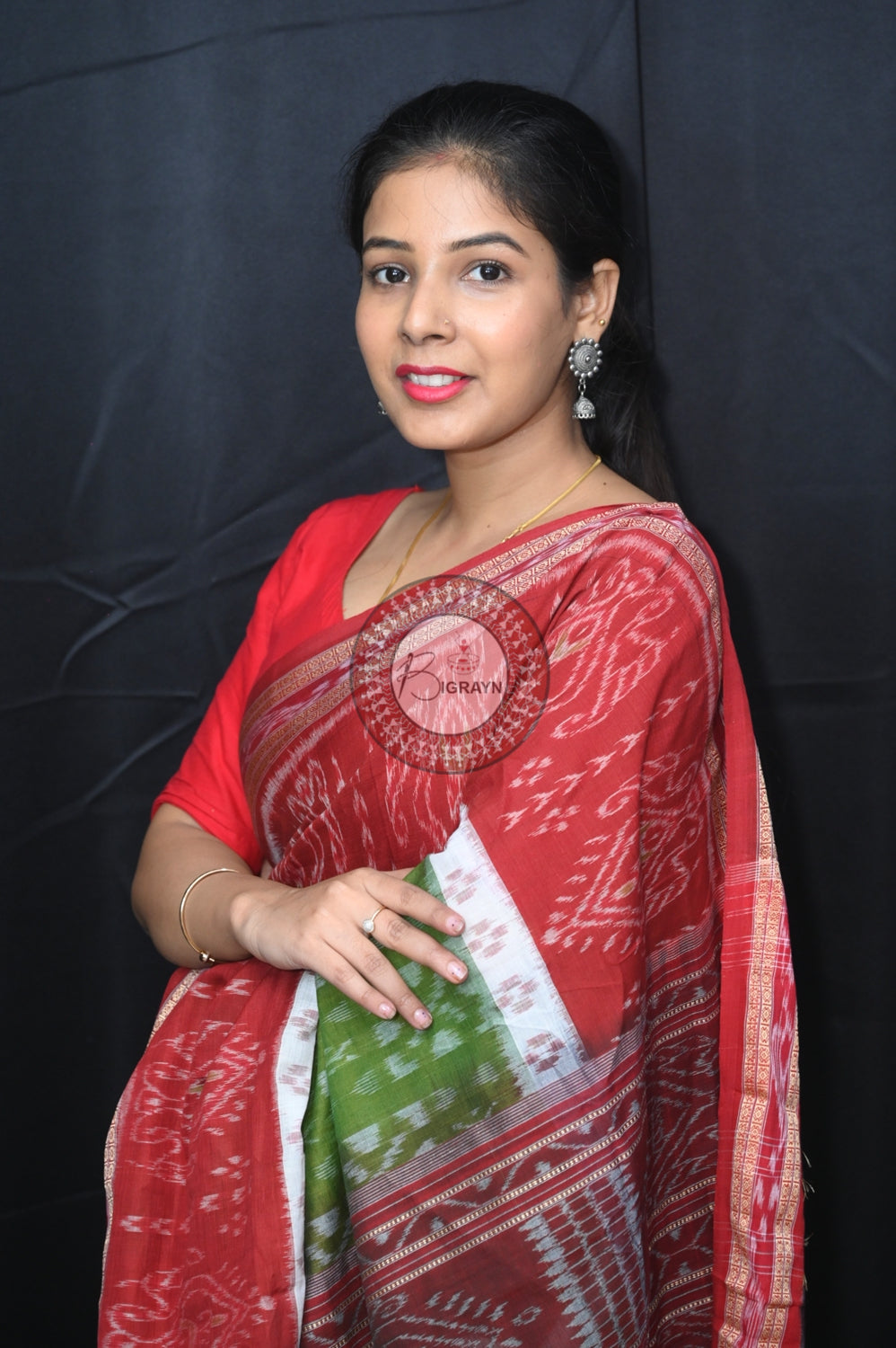 Mehndi Maroon 5D Khandua Cotton Saree